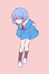 Rule 34 | 1girl, arms behind back, ayanami rei, black socks, blue hair, closed mouth, dot mouth, dot nose, expressionless, full body, hair between eyes, highres, leaning forward, looking to the side, neon genesis evangelion, pink background, red eyes, school uniform, serafuku, short hair, simple background, socks, solo, takanas03
