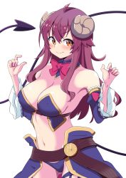 Rule 34 | 1girl, ahoge, bow, bowtie, breasts, cleavage, commentary request, covered erect nipples, curled horns, demon girl, demon horns, demon tail, detached sleeves, edoara, highres, horns, large breasts, long hair, looking at viewer, machikado mazoku, orange eyes, red bow, red bowtie, red hair, solo, tail, yoshida yuuko (machikado mazoku)