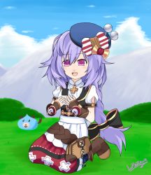Rule 34 | 1girl, :d, bad id, bad twitter id, beret, boots, bow, braid, dogoo, dress, food, four goddesses online: cyber dimension neptune, hat, holding, holding food, long hair, looking at viewer, lukazawa, neptune (series), onigiri, open mouth, pincushion, purple eyes, purple hair, pururut, seiza, short sleeves, sitting, smile, solo, very long hair