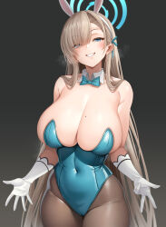 Rule 34 | 1girl, animal ears, asuna (blue archive), asuna (bunny) (blue archive), asymmetrical bangs, bare shoulders, black pantyhose, blonde hair, blue archive, blue bow, blue bowtie, blue eyes, blue halo, blue leotard, blush, bow, bowtie, breasts, cleavage, covered navel, detached collar, elbow gloves, fake animal ears, gloves, hair ornament, hair over one eye, hairband, halo, highleg, highleg leotard, highres, large breasts, leotard, light brown hair, long hair, looking at viewer, mole, mole on breast, official alternate costume, oni-noboru, pantyhose, parted lips, playboy bunny, rabbit ears, simple background, smile, solo, strapless, strapless leotard, thighs, traditional bowtie, white gloves, white hairband