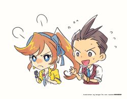 Rule 34 | &gt;:(, 1boy, 1girl, ace attorney, airagency1005, angry, antenna hair, apollo justice, athena cykes, black gloves, blue eyes, blue hairband, blue necktie, blue ribbon, bracelet, brown eyes, brown hair, chibi, clenched hands, closed mouth, collared shirt, crescent, crescent earrings, cropped torso, earrings, english text, flying sweatdrops, gloves, hair ribbon, hairband, hands up, highres, jacket, jewelry, lapel pin, lapels, long hair, necklace, necktie, nervous smile, open clothes, open collar, open jacket, open mouth, orange hair, partially fingerless gloves, red vest, ribbon, shirt, short hair, side ponytail, sidelocks, simple background, single earring, single glove, sleeve cuffs, sleeves past elbows, sleeves rolled up, smile, sweat, swept bangs, upper body, v-shaped eyebrows, very long hair, vest, white background, white shirt, yellow jacket