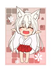 Rule 34 | 1girl, :d, animal ears, blush, chibi, closed eyes, commentary request, facing viewer, fangs, fox ears, fox girl, fox tail, hair between eyes, hakama, hakama skirt, highres, japanese clothes, kimono, kohaku (yua), long hair, miko, open mouth, original, outstretched arms, petals, red hakama, sidelocks, skirt, smile, solo, tail, thick eyebrows, white hair, white kimono, wide sleeves, yua (checkmate)
