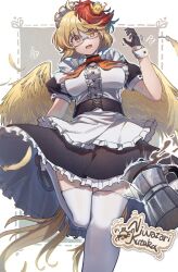Rule 34 | 1girl, absurdres, animal, animal on head, bird, bird on head, bird tail, bird wings, black dress, black footwear, black gloves, blonde hair, cafe, character name, dress, feathered wings, frilled dress, frills, gloves, highres, maid, multicolored hair, niwatari kutaka, on head, orange eyes, puffy short sleeves, puffy sleeves, shishui guima, short sleeves, solo, swept bangs, tail, thighhighs, touhou, two-tone hair, white thighhighs, wings, yellow tail