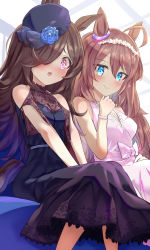 Rule 34 | 2girls, ahoge, alternate costume, animal ears, bare shoulders, black dress, black headwear, blue eyes, blue flower, blue rose, blush, breasts, brown hair, closed mouth, clothing cutout, commentary request, dress, feet out of frame, flower, hair between eyes, hair over one eye, hat, hat flower, highres, horse ears, horse girl, horse tail, long hair, looking at viewer, mihono bourbon (umamusume), multiple girls, open mouth, pink dress, pink eyes, rice shower (umamusume), rose, shoulder cutout, sitting, sleeveless, sleeveless dress, small breasts, smile, sparkle, tail, tilted headwear, uenoryoma, umamusume, very long hair, white flower