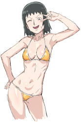 Rule 34 | 10s, 1girl, bikini, black eyes, black hair, blush, breasts, cleavage, constricted pupils, eyelashes, hand on own hip, kurata tome, mob face, mob psycho 100, navel, one eye closed, simple background, smile, sweat, swimsuit, tenchisouha, v, wink