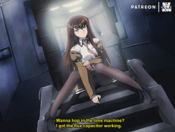 Rule 34 | 1990s (style), 1girl, artist name, back to the future, black footwear, bluethebone, boots, bottle, breast pocket, brown hair, cola, commentary, drink, english commentary, grey eyes, jacket, long hair, looking at viewer, makise kurisu, necktie, pantyhose, pocket, red neckwear, retro artstyle, shirt, sitting, soda, solo, spread legs, stairs, steins;gate, subtitled, watermark, white shirt