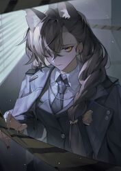 Rule 34 | 1girl, akechi (826988799), animal ears, arknights, bags under eyes, black jacket, black nails, black necktie, braid, brown hair, caution tape, chinese commentary, collared shirt, commentary request, frown, hand up, highres, indoors, jacket, jacket on shoulders, long hair, looking at viewer, nail polish, necktie, orange eyes, penance (arknights), shirt, solo, white shirt, window, window blinds, wolf ears