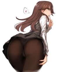 Rule 34 | 1girl, arashio (kancolle), arashio kai ni (kancolle), ass, breasts, brown eyes, brown hair, cowboy shot, dress, finger to mouth, hand on own hip, hand on own thigh, heart, kantai collection, long hair, long sleeves, looking at viewer, looking back, medium breasts, panties, panties under pantyhose, pantyhose, pinafore dress, simple background, sketch, sleeveless, sleeveless dress, solo, spoken heart, underwear, upper body, utopia, white background