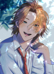 Rule 34 | 1boy, :d, blue eyes, blurry, collared shirt, day, depth of field, earrings, from side, habataki academy school uniform, hair over one eye, hand up, happy, highres, jewelry, light particles, long sleeves, looking at viewer, looking to the side, male focus, minato (pixiv31986490), nature, necktie, niina junpei, open mouth, orange hair, parted bangs, red necktie, school uniform, shirt, short hair, smile, solo, stud earrings, tokimeki memorial, tokimeki memorial girl&#039;s side 3rd story, upper body, white shirt