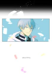 Rule 34 | 1boy, black jacket, blue eyes, blue hair, capelet, chamwa, closed mouth, commentary, english commentary, english text, falling petals, highres, himmel (sousou no frieren), jacket, male focus, petals, short hair, smile, solo, sousou no frieren, white capelet