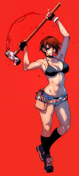 Rule 34 | 1girl, armpits, arms up, bikini, black bikini, black gloves, breasts, brown hair, choker, cleavage, fingerless gloves, full body, gloves, grin, hammer, highres, large breasts, looking at viewer, navel, original, pinky out, psychicjin, red background, red eyes, shoes, short hair, short shorts, shorts, simple background, sledgehammer, smile, sneakers, solo, standing, swimsuit, tool belt, unbuttoned