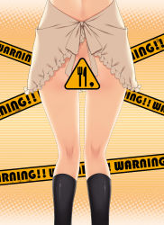 Rule 34 | 1girl, apron, bad id, bad pixiv id, black socks, caution tape, censored, close-up, from behind, head out of frame, highres, kneehighs, kneepits, naked apron, novelty censor, ren san, socks, solo, working!!