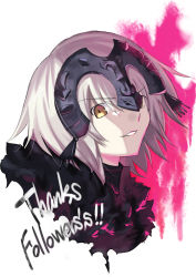 Rule 34 | 1girl, ashiwara yuu, brown eyes, brown hair, fate/grand order, fate (series), fur trim, hair between eyes, head tilt, headpiece, jeanne d&#039;arc (fate), jeanne d&#039;arc alter (avenger) (fate), jeanne d&#039;arc alter (fate), looking at viewer, milestone celebration, parted lips, portrait, solo, thank you, v-shaped eyebrows, white background, white hair
