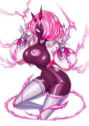 Rule 34 | 1girl, black bodysuit, black gloves, bodysuit, breasts, cleavage cutout, clothing cutout, covered navel, cropped jacket, double w, duel monster, electricity, energy, energy girl, enmo takeshita, gloves, grey gloves, hair over one eye, highres, hip vent, jacket, large breasts, lightning hair, long sleeves, looking at viewer, mask, open clothes, open jacket, pink eyes, pink hair, short hair, simple background, solo, spright carrot, thighhighs, w, white background, white gloves, white jacket, white thighhighs, yu-gi-oh!