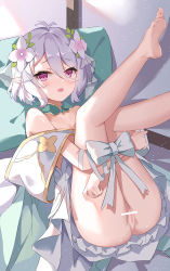 Rule 34 | 1girl, antenna hair, ass, bar censor, bare shoulders, bdsm, blush, bondage, bound, censored, detached collar, elf, feet, hair between eyes, highres, kokkoro (princess) (princess connect!), kokkoro (princess connect!), looking at viewer, lying, mosaic censoring, on bed, open mouth, pillow, pointy ears, presenting, princess connect!, purple eyes, pussy, ribbon, ribbon bondage, serika, short hair, silver hair, soles, solo