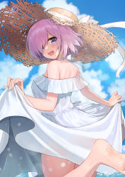 Rule 34 | 1girl, absurdres, alternate costume, ayul (ayulneri 92), bare shoulders, blue sky, blush, breasts, dress, fate/grand order, fate (series), feet, hair over one eye, hat, highres, large breasts, light purple hair, looking at viewer, looking back, mash kyrielight, open mouth, purple eyes, ribbon, short hair, sky, smile, straw hat, white dress, white ribbon