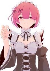 Rule 34 | 1girl, black dress, black ribbon, black sleeves, breasts, closed mouth, commentary request, detached sleeves, dress, fingernails, flower knot, hair ornament, hand up, highres, looking at viewer, maid, maid headdress, neck ribbon, pink eyes, pink hair, ram (re:zero), re:zero kara hajimeru isekai seikatsu, ribbon, ribbon-trimmed clothes, ribbon trim, roswaal mansion maid uniform, short hair, simple background, small breasts, smile, solo, upper body, white background, x hair ornament, yasehattagi