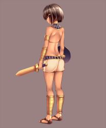 Rule 34 | 1girl, anklet, armlet, ass, assal (sennen sensou aigis), back, bad id, bad pixiv id, bare shoulders, black hair, dimples of venus, from behind, full body, hair ornament, hairclip, jewelry, lots of jewelry, ribucci, sandals, sennen sensou aigis, shield, short hair, simple background, solo, sword, weapon