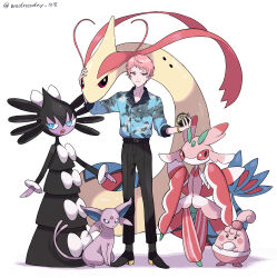 Rule 34 | 1boy, absurdres, black pants, blue eyes, bright pupils, closed mouth, commentary request, creatures (company), crossover, ensemble stars!, espeon, full body, game freak, gen 2 pokemon, gen 3 pokemon, gen 4 pokemon, gen 5 pokemon, gen 7 pokemon, gothita, happiny, highres, holding, holding poke ball, itsuki shu, long hair, lurantis, milotic, nintendo, pants, pink hair, poke ball, pokemon, pokemon (creature), purple eyes, short bangs, short hair, simple background, sleeves past elbows, solo, twitter username, very long hair, watch, wednesday 108, white background, white pupils, wristwatch