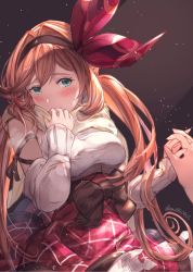 Rule 34 | 1girl, aqua eyes, bad id, bad twitter id, blush, clarisse (granblue fantasy), clarisse (valentine) (granblue fantasy), embarrassed, gloves, granblue fantasy, headband, highres, holding hands, long hair, looking at viewer, milli little, orange hair, ponytail, ribbon, scarf, solo, solo focus, sweater, test tube, winter clothes
