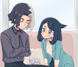 Rule 34 | 1boy, 1girl, amethio (pokemon), black hair, black pants, black shorts, blush, closed eyes, closed mouth, collared shirt, commentary request, cowlick, creatures (company), crossed arms, game freak, gen 8 pokemon, green jacket, grey shirt, hair ornament, hairclip, hatenna, jacket, liko (pokemon), multicolored hair, nintendo, nm222, pants, pokemon, pokemon (anime), pokemon (creature), pokemon horizons, shirt, short hair, shorts, sleeping, smile, two-tone hair, white shirt
