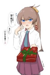Rule 34 | 1girl, absurdres, aqua necktie, blue eyes, box, brown hair, collared shirt, commentary request, dress, dress shirt, gift, gift box, hair ribbon, halter dress, halterneck, highres, kantai collection, kazagumo (kancolle), long hair, looking at viewer, necktie, pleated dress, ponytail, purple dress, ribbon, shirt, simple background, solo, translation request, tsuru (thunder tsuru), white background, white shirt