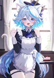 Rule 34 | 1girl, ahoge, alternate costume, animal ears, apron, black dress, blue eyes, blue hair, blue hat, cake, cat ears, cat tail, commentary request, cowboy shot, curtains, dress, enmaided, food, fork, frilled apron, frills, furina (genshin impact), genshin impact, hair between eyes, hat, heterochromia, highres, holding, holding fork, indoors, kemonomimi mode, light blue hair, long hair, long sleeves, looking at viewer, maid, multicolored hair, nanamo yado, open mouth, short hair, sidelocks, solo, standing, streaked hair, tail, thigh strap, thighs, two-tone hair, white apron, window