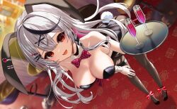 Rule 34 | 1girl, bow, bowtie, breasts, cleavage, grey hair, hololive, inari (ambercrown), large breasts, long hair, looking at viewer, open mouth, sakamata chloe, smile, solo, virtual youtuber, white wrist cuffs, wrist cuffs