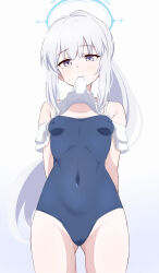 Rule 34 | 1girl, absurdres, arms behind back, bare arms, bare legs, bare shoulders, black one-piece swimsuit, blue archive, blue halo, blush, breasts, casual one-piece swimsuit, closed mouth, covered erect nipples, covered navel, cowboy shot, donutman, grey hair, halo, highres, long hair, looking at viewer, miyako (blue archive), miyako (swimsuit) (blue archive), mouth hold, off-shoulder one-piece swimsuit, off shoulder, official alternate costume, one-piece swimsuit, ponytail, purple eyes, small breasts, solo, swimsuit