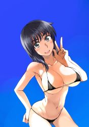 Rule 34 | 00s, 1girl, :d, bikini, black eyes, blue hair, blush, breasts, cleavage, cosaten, dutch angle, gluteal fold, gradient background, hand on own ass, large breasts, leaning forward, looking at viewer, micro bikini, navel, open mouth, school rumble, smile, solo, suou mikoto (school rumble), swimsuit, v