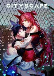Rule 34 | 1boy, 1girl, adaline (hen-tie), animal ear piercing, animal ears, arm belt, artist name, bare shoulders, belt, belt buckle, bishounen, black belt, black bra, black choker, black hoodie, black nails, blue hair, blue jacket, boots, bra, buckle, buttons, chin rest, choker, cityscape, closed mouth, collaboration, commentary, couple, dewli, english commentary, english text, floral print, fox ears, from side, gate, gloves, grey eyes, grey sky, hair rings, head on head, head rest, hen-tie, hetero, highres, hood, hood down, hooded jacket, hoodie, hug, jacket, lifting person, light smile, long hair, long sleeves, looking at viewer, luthe (dewli), nail polish, navel, open clothes, open jacket, orange eyes, original, outdoors, pink lips, pocket, puffy long sleeves, puffy sleeves, red hair, red jacket, red shorts, short hair, shorts, shoulder tattoo, sky, stomach, striped bra, striped clothes, tattoo, underwear, vertical-striped bra, vertical-striped clothes, watermark, white footwear, white gloves, white sleeves, zipper