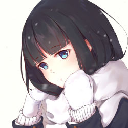 Rule 34 | 1girl, aquaplus, bad id, bad pixiv id, black hair, black jacket, blue eyes, closed mouth, commentary, commentary request, english commentary, fei mao, gloves, highres, jacket, looking at viewer, portrait, scarf, short hair, simple background, solo, touma kazusa, white album, white album (series), white album 2, white background, white gloves, white scarf, winter clothes