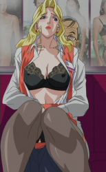 Rule 34 | 00s, 1girl, black bra, black panties, blonde hair, blue eyes, blush, bra, breasts, cleavage, covered erect nipples, glasses, grey hair, lace, lace-trimmed bra, lace trim, legs, lingerie, lingeries office, lipstick, long hair, makeup, molestation, nonoyama alice, office lady, open clothes, open shirt, panties, pantyshot, shirt, short hair, sitting, sitting on person, skirt, thighhighs, thighs, underwear, uniform, upskirt, you gonna get raped