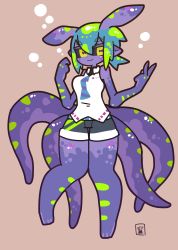Rule 34 | 1girl, absurdres, black sclera, black shorts, blue hair, blue necktie, body markings, brown background, bubble, cephalopod eyes, collared vest, colored sclera, colored skin, full body, green hair, green skin, hair between eyes, hands up, highres, hz ebfry, monster girl, multicolored hair, necktie, original, pointy ears, purple necktie, purple skin, short hair, short ponytail, shorts, signature, sleeveless, solo, standing, standing on one leg, striped belt, striped necktie, tentacle hair, tentacles, v, vest, white vest, yellow eyes