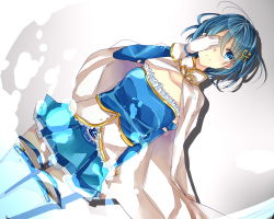 Rule 34 | 1girl, blue eyes, blue hair, blue skirt, cape, closed mouth, covering one eye, fortissimo, gloves, hair ornament, hand on own face, hand up, hinamarumiorin, magical girl, mahou shoujo madoka magica, mahou shoujo madoka magica (anime), miki sayaka, musical note, musical note hair ornament, short hair, skirt, solo, soul gem, tears, thighhighs, white cape, white gloves, white thighhighs, zettai ryouiki