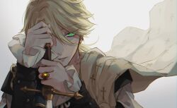 Rule 34 | 1boy, absurdres, aesop carl, aesop carl (hamlet), black jacket, blonde hair, cape, cross print, frilled sleeves, frills, green eyes, hair between eyes, hand on hilt, highres, holding, holding sword, holding weapon, identity v, jacket, jewelry, long hair, looking at viewer, low ponytail, male focus, official alternate costume, one eye covered, parted lips, ring, shirt, simple background, solo, sword, toalke knell, upper body, weapon, white background, white shirt, yellow cape