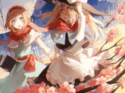 Rule 34 | 2girls, alice margatroid, apron, aqua dress, asuka (louyun), blonde hair, blue eyes, book, capelet, cherry blossoms, clock, couple, dress, gears, grimoire, grimoire of alice, hairband, hand on headwear, hat, holding hands, kirisame marisa, lolita hairband, long sleeves, md5 mismatch, multiple girls, open mouth, sash, scarf, shared clothes, shared scarf, shirt, skirt, skirt set, smile, touhou, twig, vest, waist apron, witch hat, yellow eyes