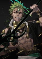 Rule 34 | 1boy, abs, black background, commentary request, dark-skinned male, dark skin, dutch angle, earrings, facial mark, fingernails, forehead mark, gold trim, green hair, hand up, highres, holding, holding weapon, jewelry, looking at viewer, male focus, navel, original, samei ikusa, sharp fingernails, sharp teeth, smile, solo, standing, teeth, upper body, weapon, yellow eyes