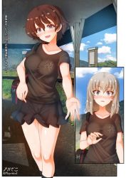Rule 34 | 2girls, akaboshi koume, black shirt, blue eyes, blush, breasts, brown hair, cameltoe, collarbone, covered navel, female pov, girls und panzer, impossible clothes, itsumi erika, large breasts, looking at viewer, megadeko, microskirt, multiple girls, multiple views, open mouth, outdoors, pleated skirt, pov, shirt, short hair, skirt, smile, translation request, white hair, yuri