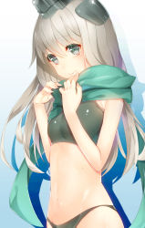 Rule 34 | 10s, 1girl, absurdres, alternate costume, bad id, bad pixiv id, bikini, black bikini, blue background, blush, breasts, colored eyelashes, from side, garrison cap, gradient background, green eyes, grey hair, hat, headgear, highres, kantai collection, long hair, looking at viewer, navel, nonomaro, scarf, shadow, small breasts, solo, sports bikini, swimsuit, tankini, u-511 (kancolle)