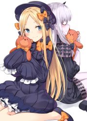 Rule 34 | 2girls, abigail williams (fate), bad id, bad twitter id, black bow, black dress, black footwear, black headwear, blonde hair, bloomers, blue eyes, blush, bow, breasts, closed mouth, dress, fate/grand order, fate (series), forehead, hair bow, horns, lavinia whateley (fate), long hair, long sleeves, looking at viewer, multiple bows, multiple girls, orange bow, pale skin, parted bangs, pink eyes, polka dot, polka dot bow, ribbed dress, simple background, single horn, sitting, sleeves past fingers, sleeves past wrists, smile, stuffed animal, stuffed toy, takehana note, teddy bear, underwear, wariza, white background, white bloomers, white hair, wide-eyed