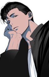 Rule 34 | 1boy, bishounen, black eyes, black hair, black jacket, closed mouth, hand on own face, highres, jacket, llll 100, looking at viewer, male focus, mito youhei, pompadour, shirt, short hair, simple background, slam dunk (series), solo, upper body, white background, white shirt