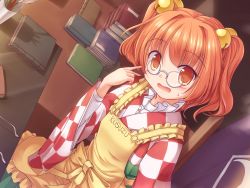 Rule 34 | 1girl, apron, bell, book stack, brown eyes, brown hair, chair, desk, unworn eyewear, futatsuiwa mamizou, glasses, hair bell, hair ornament, highres, japanese clothes, kimono, long sleeves, looking at viewer, lzh, motoori kosuzu, open mouth, pince-nez, solo, sweat, touhou, two side up, wide sleeves