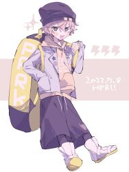 Rule 34 | 1boy, absurdres, backpack, bag, beanie, black pants, blonde hair, commentary request, dated, desuhiko thunderbolt, full body, green eyes, hair between eyes, hand in pocket, happy birthday, hat, highres, holding strap, hood, hood down, hoodie, hwr33m, jacket, lightning bolt symbol, long sleeves, looking at viewer, male focus, master detective archives: rain code, open mouth, pants, shoes, short hair, smile, solo, sparkle, standing, white footwear, white jacket, yellow bag, yellow hoodie