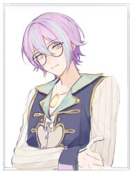 Rule 34 | 1boy, aqua hair, asymmetrical bangs, border, buttons, closed mouth, collared shirt, commentary request, crossed arms, earrings, hair between eyes, jewelry, kamishiro rui, korean commentary, long sleeves, male focus, multicolored hair, necklace, pj0p0, project sekai, purple hair, round eyewear, shirt, single earring, smile, solo, streaked hair, striped, upper body, vertical stripes, vest, white background, yellow eyes, yume no touchu kagayaku hoshitachi e (project sekai)