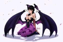 Rule 34 | animal print, areola slip, bat print, black hair, boots, breasts, chainsaw man, clothing cutout, commentary request, cosplay, detached sleeves, full body, green eyes, head wings, heart cutout, high heel boots, high heels, highres, large breasts, low wings, making-of available, mitaka asa, morrigan aensland, morrigan aensland (cosplay), pantyhose, ponytail, purple pantyhose, seiza, shadow, signature, sitting, spanish commentary, vampire (game), victorbalgitt, wings