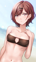 Rule 34 | 1girl, arm at side, bandeau, bikini, black bikini, breasts, brown hair, closed mouth, collarbone, commentary request, hair ornament, hairclip, hand up, hashi, higuchi madoka, idolmaster, idolmaster shiny colors, looking at viewer, mole, mole under eye, navel, purple eyes, short hair, small breasts, solo, swimsuit, upper body