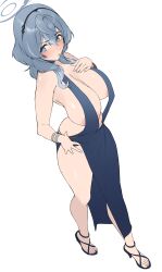 Rule 34 | 1girl, absurdres, adjusting dress, ako (blue archive), ako (dress) (blue archive), areola slip, backless dress, backless outfit, banana oekaki, bare shoulders, blue archive, blue dress, blue halo, breasts, cuffs, dress, full body, grey eyes, grey hair, halo, handcuffs, highres, huge breasts, large areolae, large breasts, official alternate costume, plunging neckline, sideboob, sideless dress, single handcuff, sleeveless, sleeveless dress, solo, standing