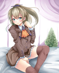 Rule 34 | 10s, 1girl, ascot, blazer, blush, brown hair, brown skirt, brown thighhighs, buttons, commentary request, high ponytail, highres, jacket, kantai collection, kumano (kancolle), long hair, long sleeves, looking at viewer, pleated skirt, ponytail, school uniform, sitting, skirt, smile, solo, thighhighs, yumibakama meme, zettai ryouiki