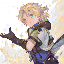 Rule 34 | 1boy, albedo (genshin impact), artist name, bishounen, blonde hair, blue eyes, commentary, cwilocky, english commentary, genshin impact, gloves, hood, hood down, hooded jacket, jacket, looking at viewer, male focus, short hair, simple background, snowflakes, solo, star (symbol), upper body, vision (genshin impact)